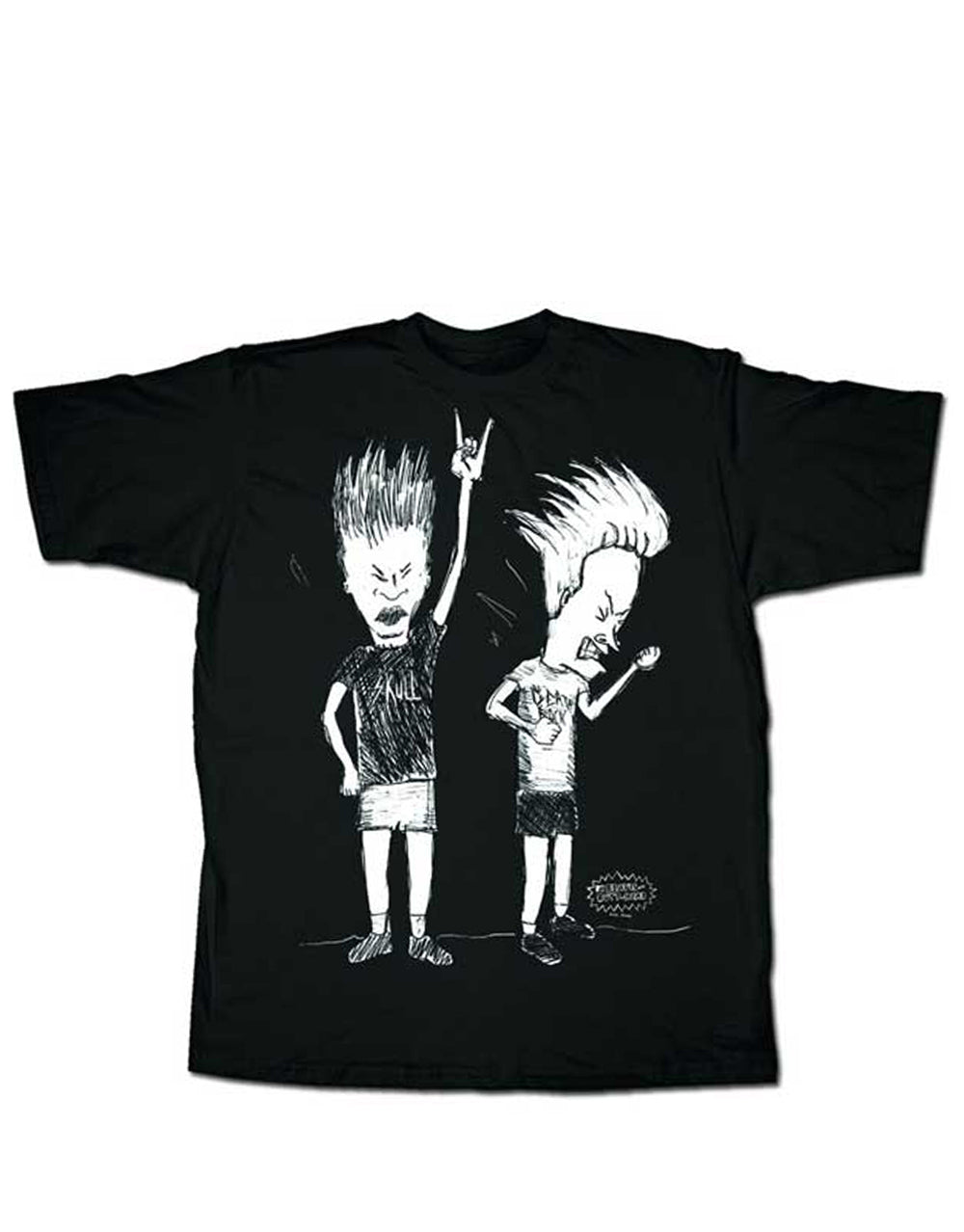 Beavis & Butt-Head rockersketch graphic on a black adult t-shirt.