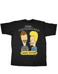 Beavis & Butt-Head mustaches rule graphic on a black adult t-shirt.