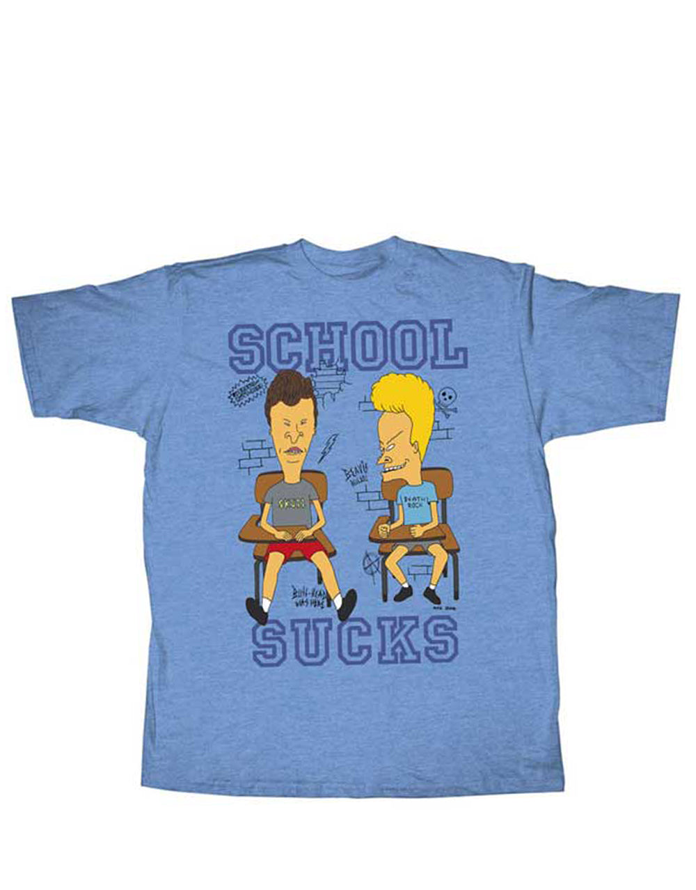 Beavis & Butt-Head school sucks graphic on a heathered light blue adult t-shirt.