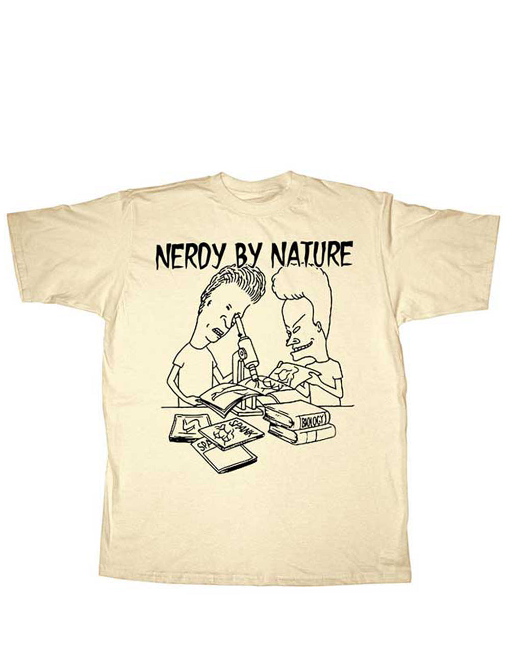 Beavis & Butt-Head nerds graphic on a cream adult t-shirt.