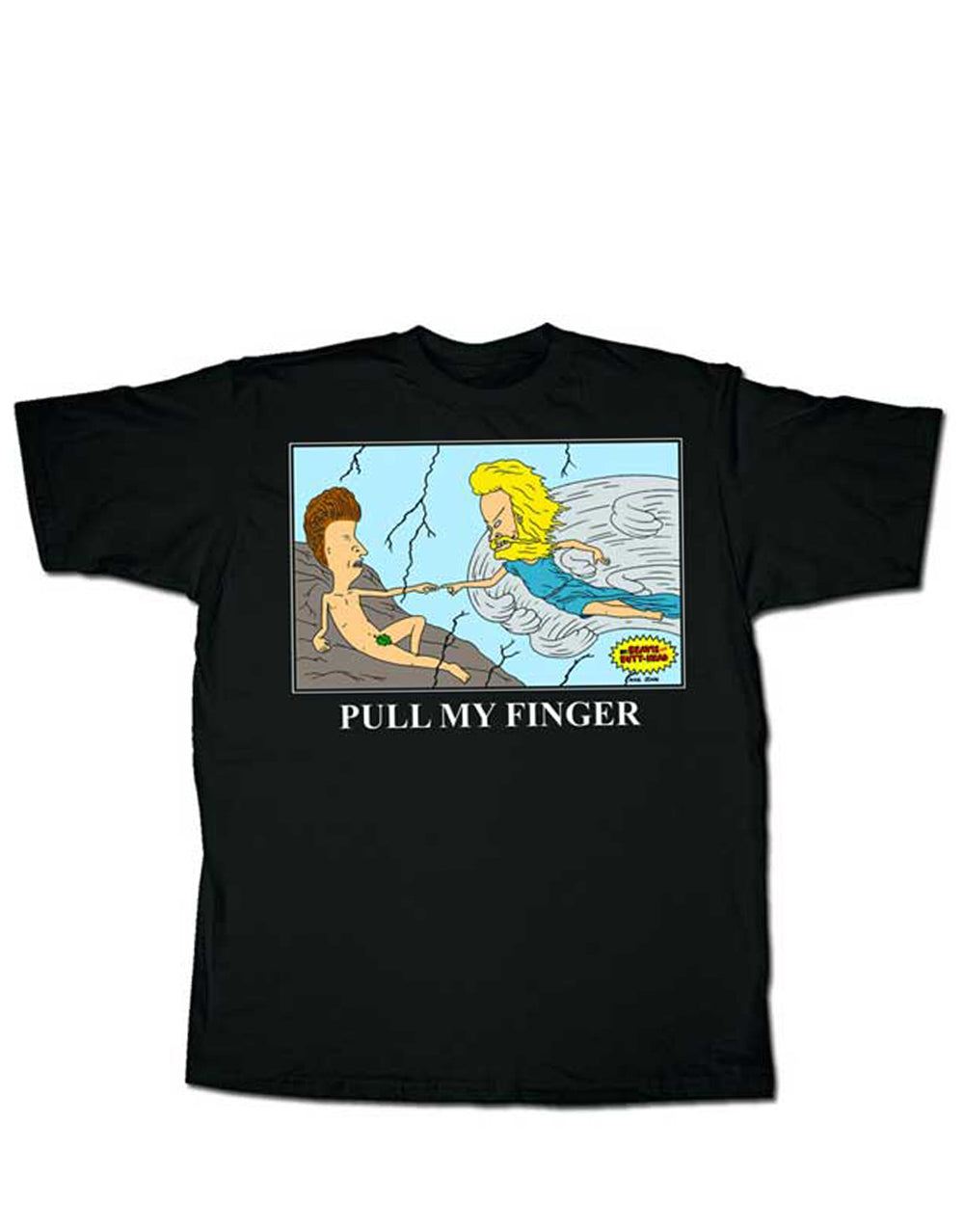 Beavis & Butt-Head finger puller graphic on a black adult t-shirt.