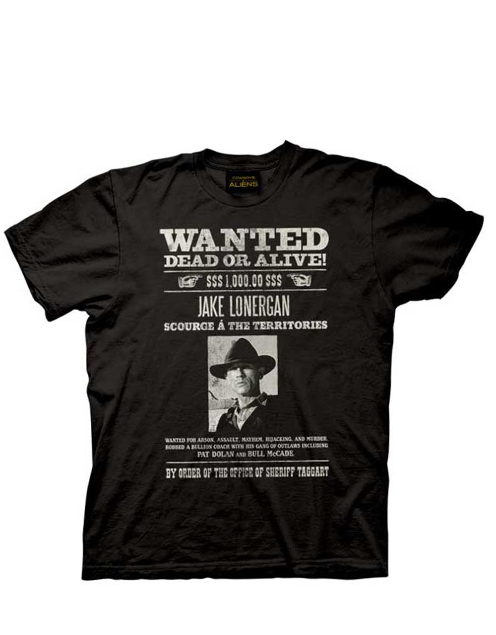 Cowboys & Aliens vintage style wanted poster graphic on a black adult tee.