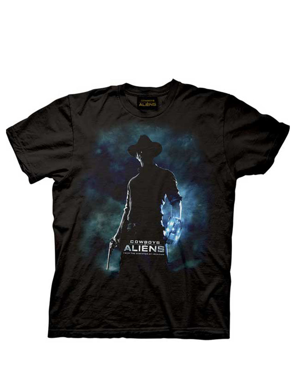 Cowboys & Aliens movie poster graphic design on a black adult t-shirt.
