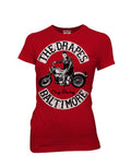 The Drapes Baltimore graphic on a red women's t-shirt.
