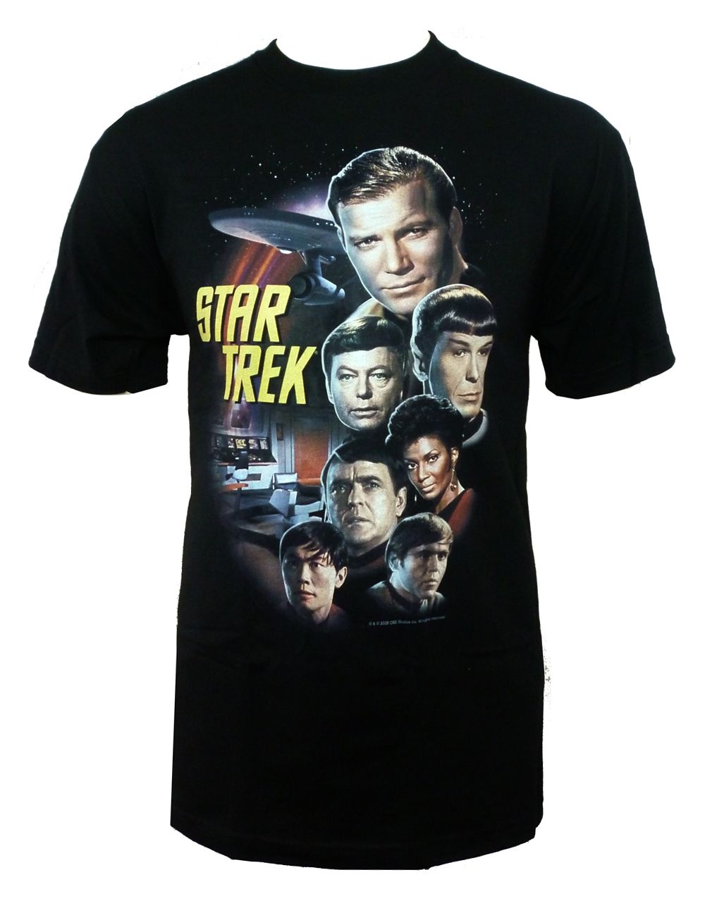 Star Trek the classic crew graphic on a black adult t-shirt.