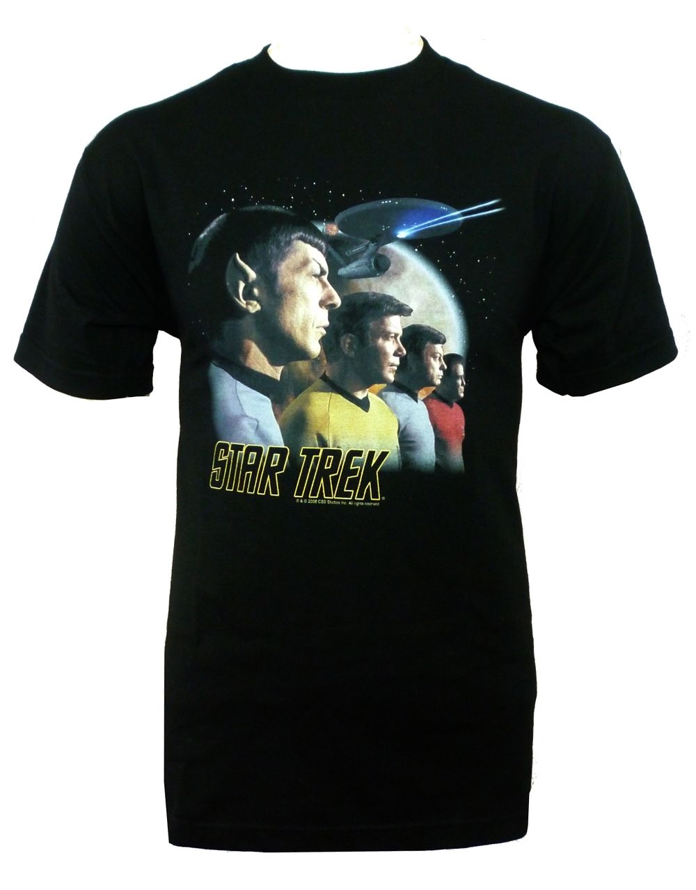Star Trek pose graphic on a black adult t-shirt.