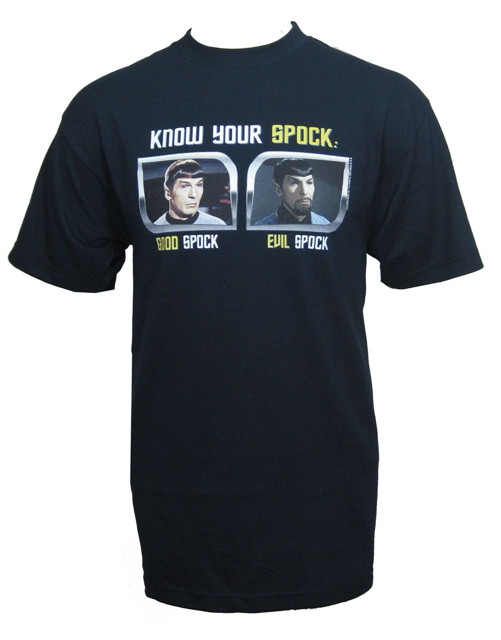 Star Trek know your Spock graphic on a black adult t-shirt.