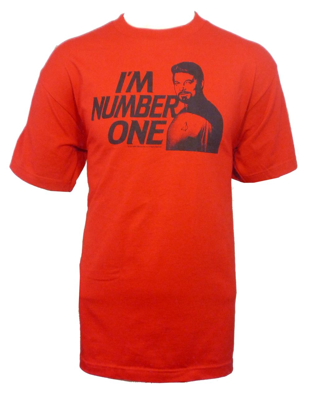 Star Trek I'm number one graphic on a red adult t-shirt.