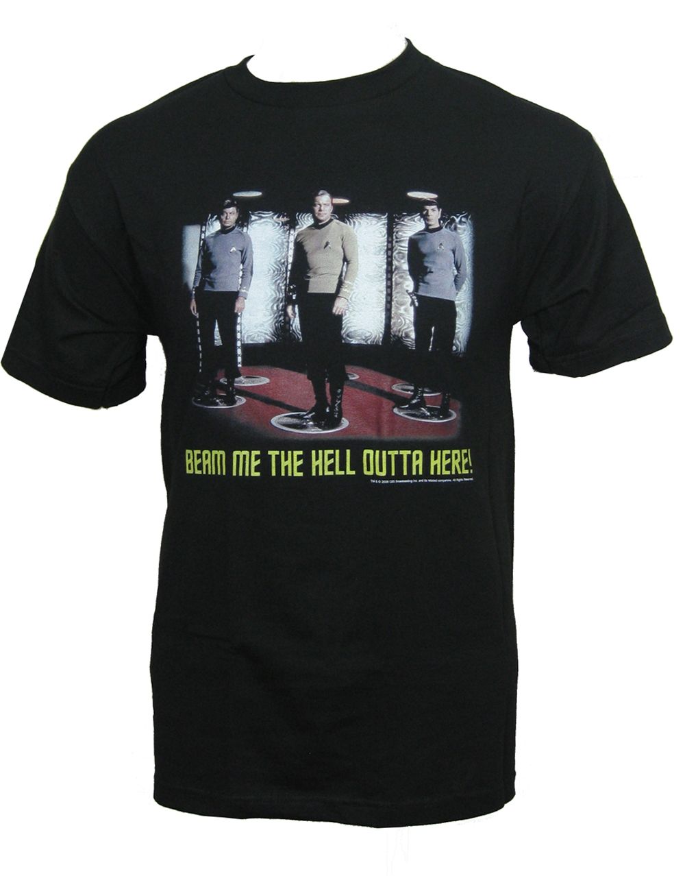 Star Trek beam me out graphic on a black adult t-shirt.
