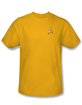 Star Trek command uniform costume graphic on a yellow adult t-shirt.