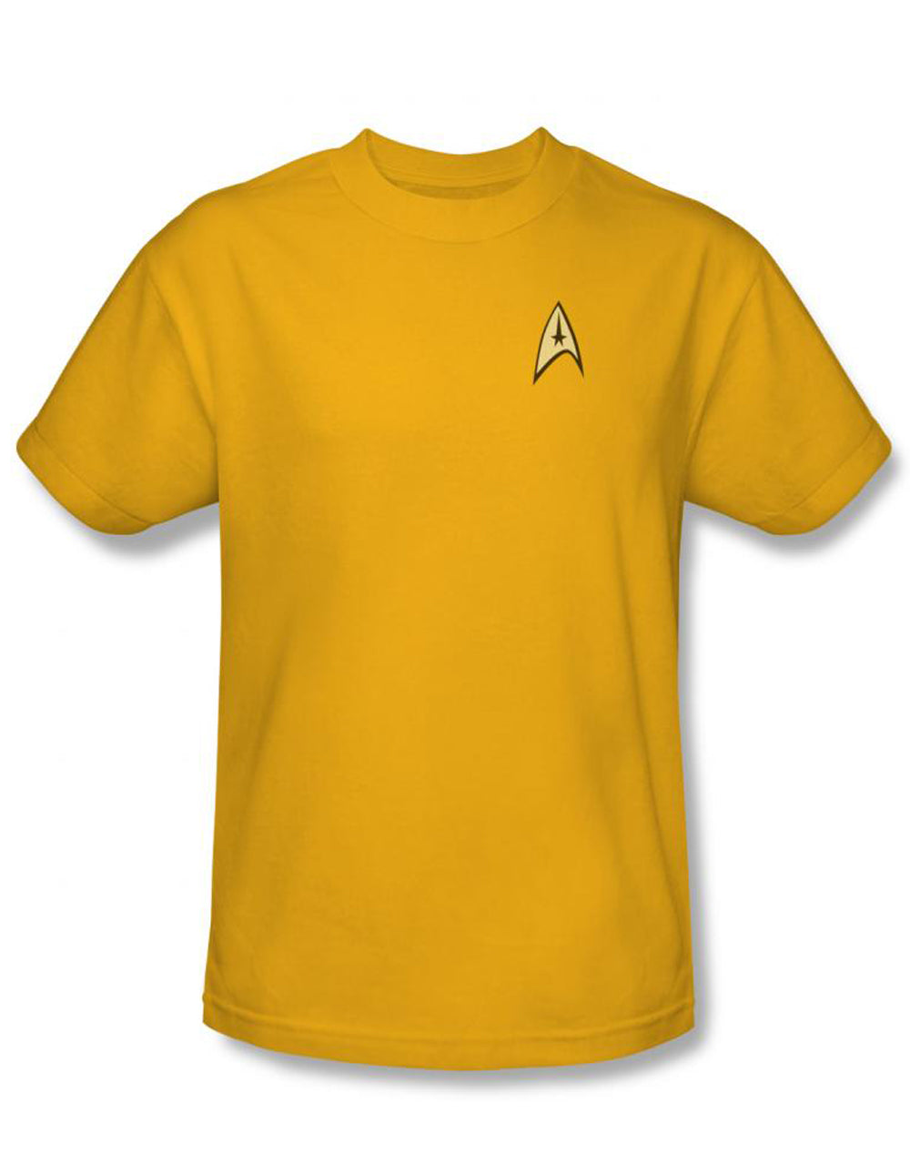 Star Trek command uniform costume graphic on a yellow adult t-shirt.
