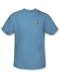 Star Trek science uniform costume graphic on a blue adult t-shirt.
