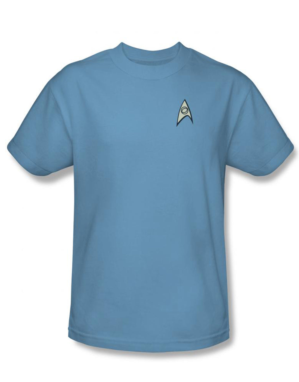 Star Trek science uniform costume graphic on a blue adult t-shirt.