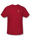 Star Trek engineering uniform costume graphic on a red adult t-shirt.