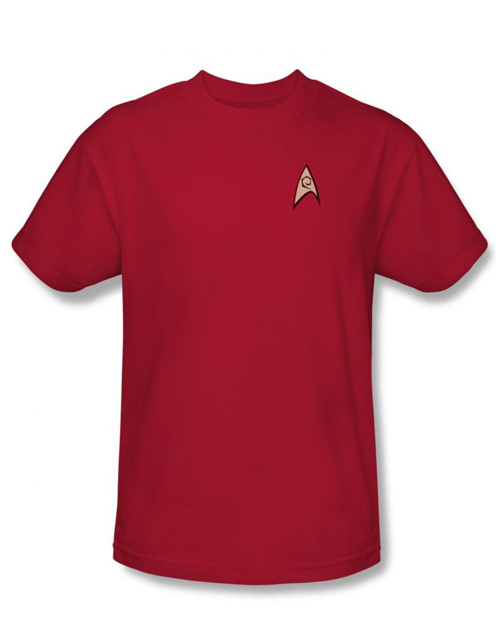 Star Trek engineering uniform costume graphic on a red adult t-shirt.