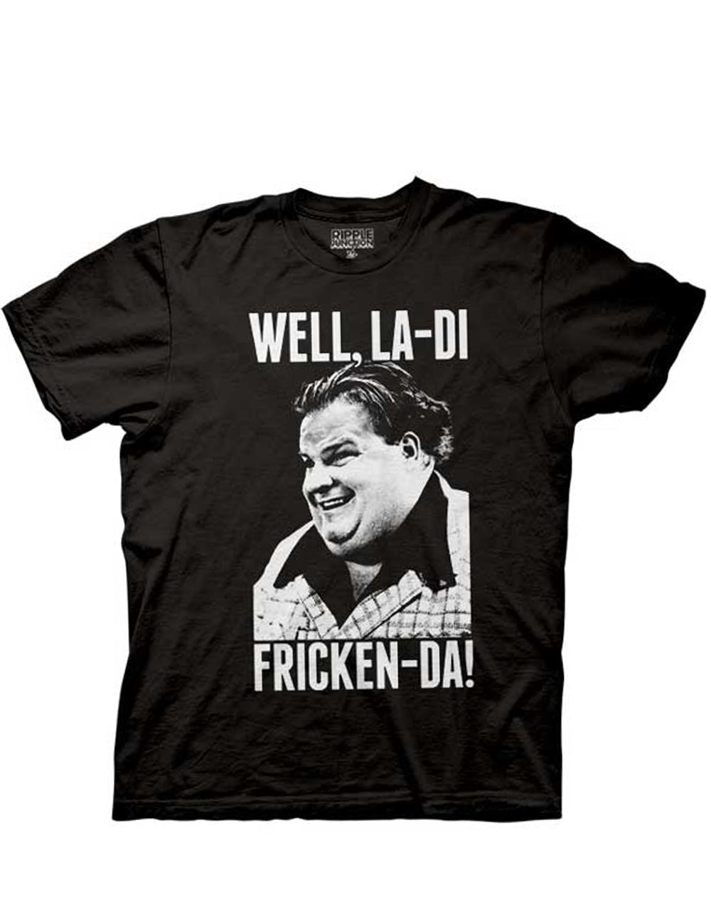 Chris Farley "Fricken" loud comedy screaming expression graphic on a black adult t-shirt.