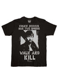 Chuck Norris "two speeds" running joke graphic on a black adult t-shirt.