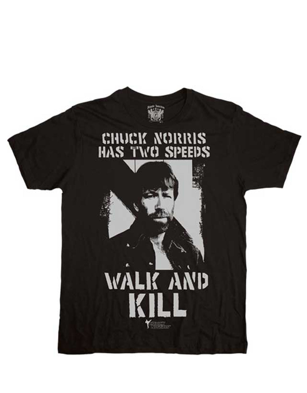 Chuck Norris "two speeds" running joke graphic on a black adult t-shirt.