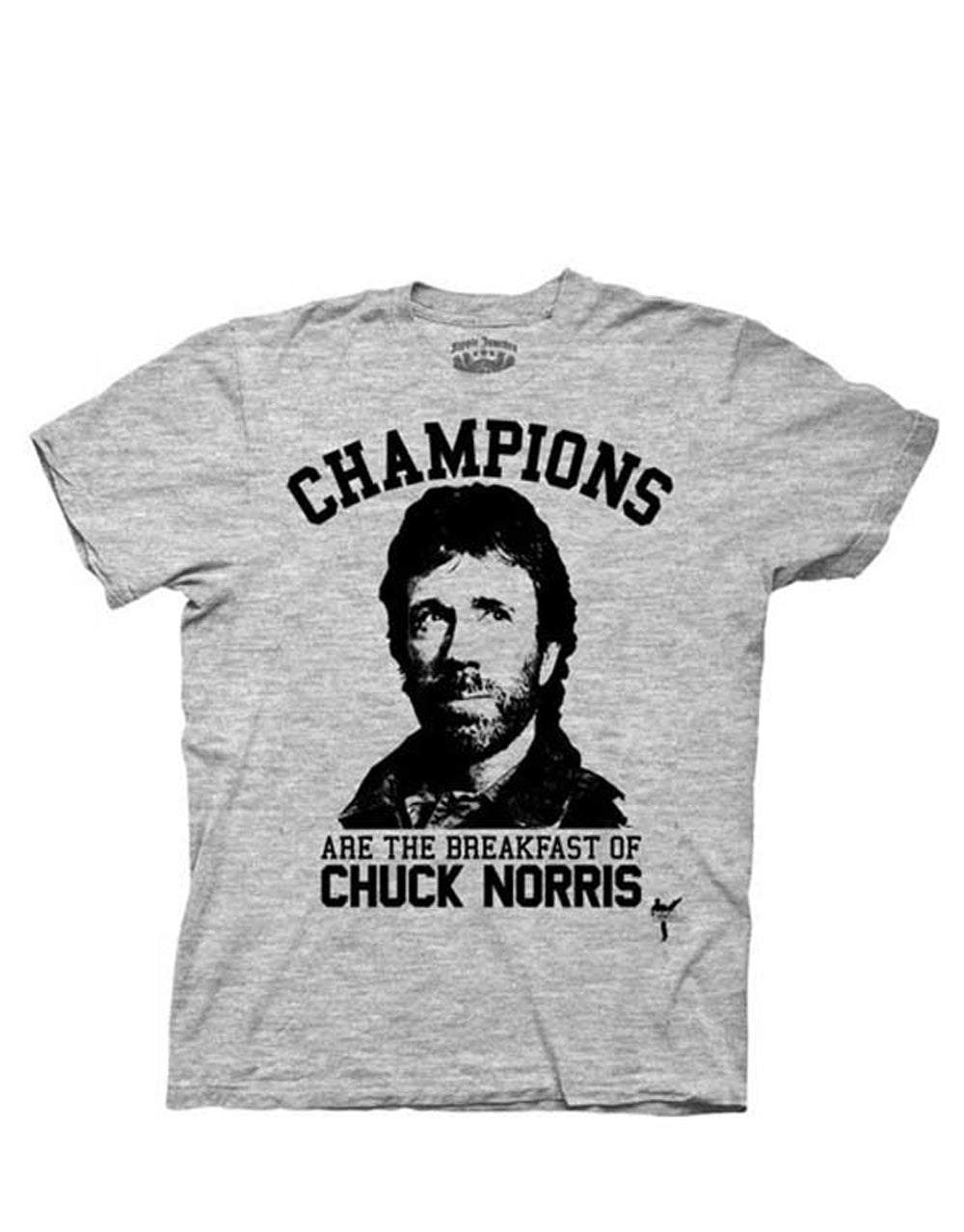 Chuck Norris "breakfast of champions" cartoon graphic on a heathered grey adult t-shirt.