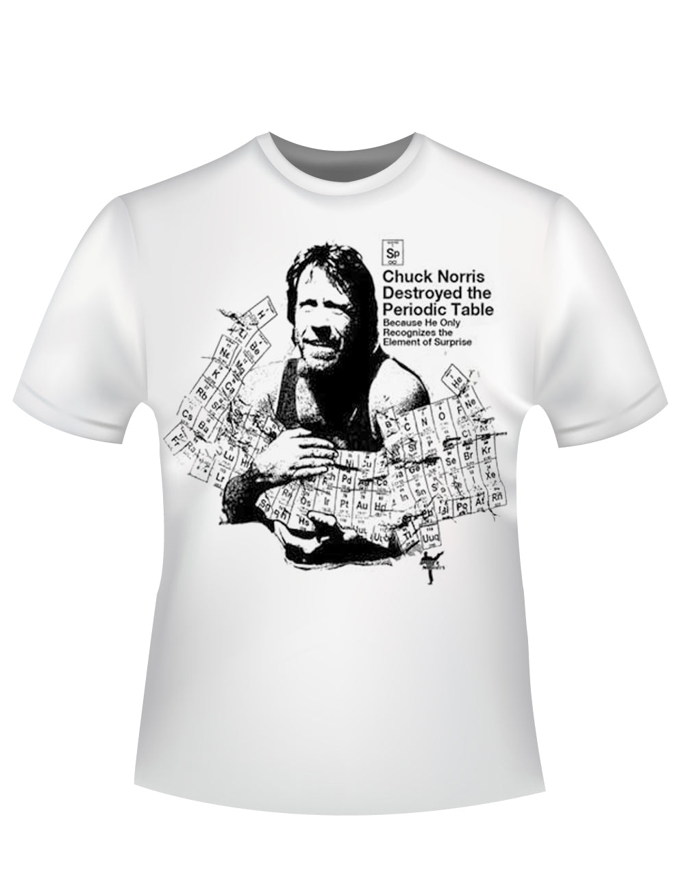 Chuck Norris "periodic table" elements graphic on a white adult t-shirt.