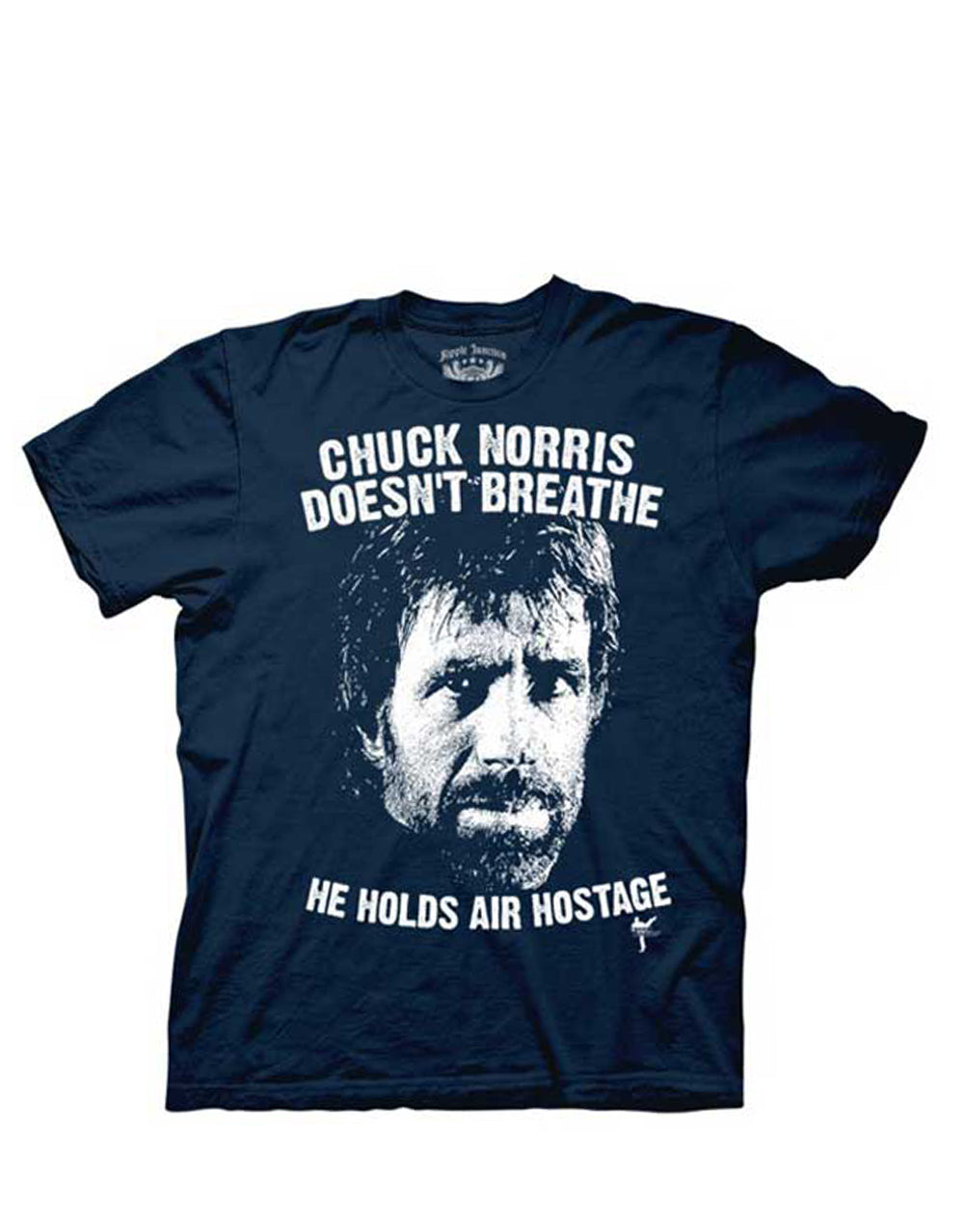 Chuck Norris "air hostage" action graphic on a navy blue adult t-shirt.