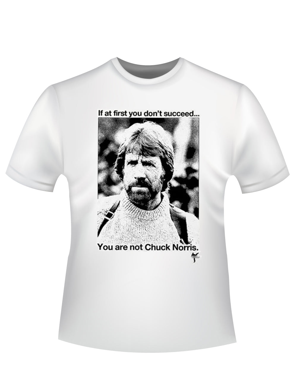 Chuck Norris "succeed" motivational parody graphic on a white adult t-shirt.