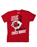 Chuck Norris "royal flush" playing card graphic on a red adult t-shirt.
