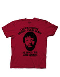 Chuck Norris "cheats death" graphic art on a burgundy adult t-shirt.