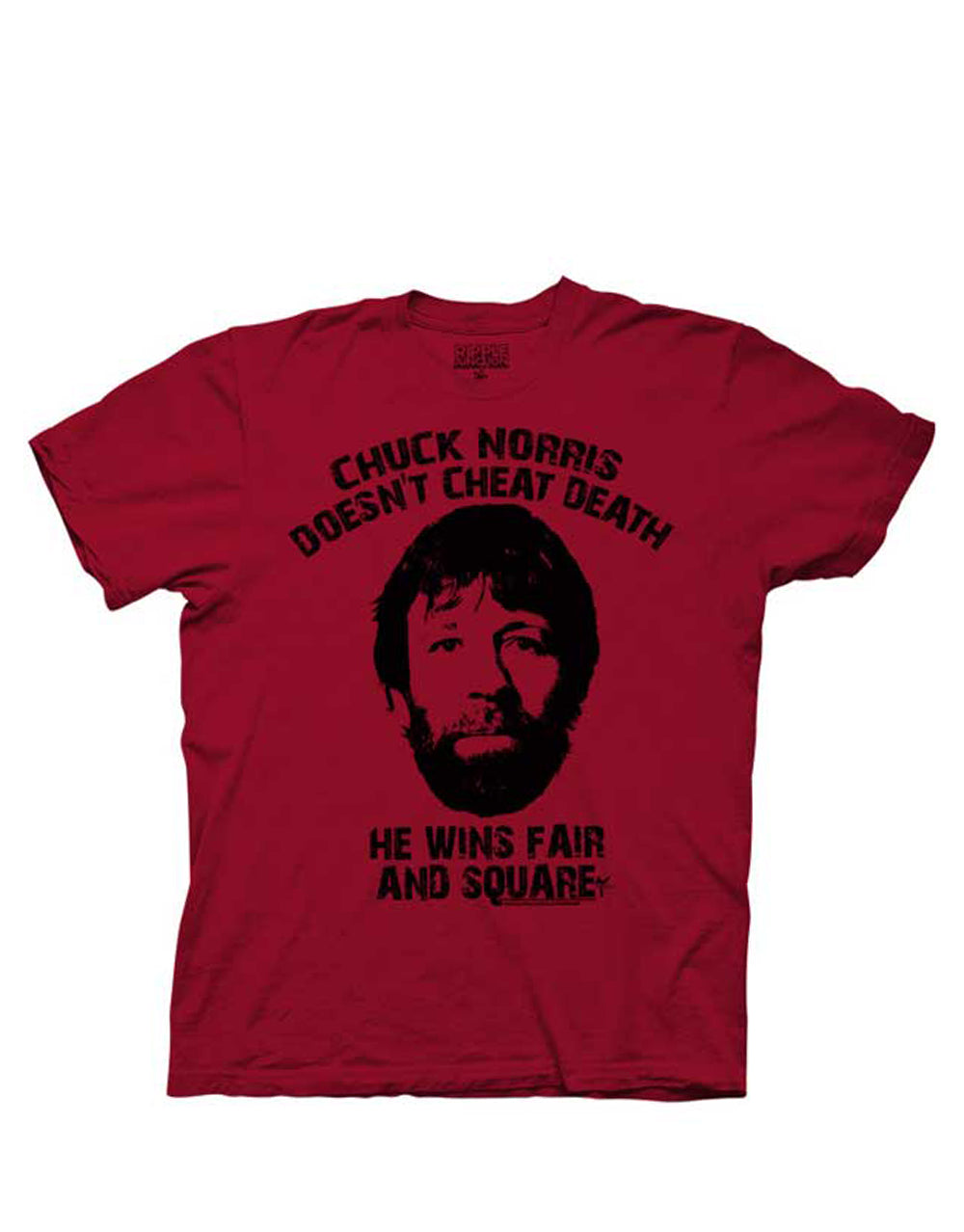 Chuck Norris "cheats death" graphic art on a burgundy adult t-shirt.