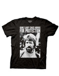 Chuck Norris "for protection" safety humor graphic on a black adult t-shirt.