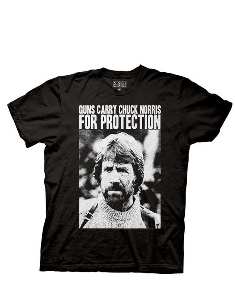 Chuck Norris "for protection" safety humor graphic on a black adult t-shirt.