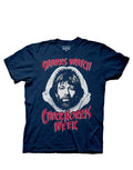 Chuck Norris calendar week schedule humor graphic on a navy blue adult t-shirt.