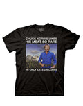 Chuck Norris "rare meat" humor graphic on a black adult t-shirt.