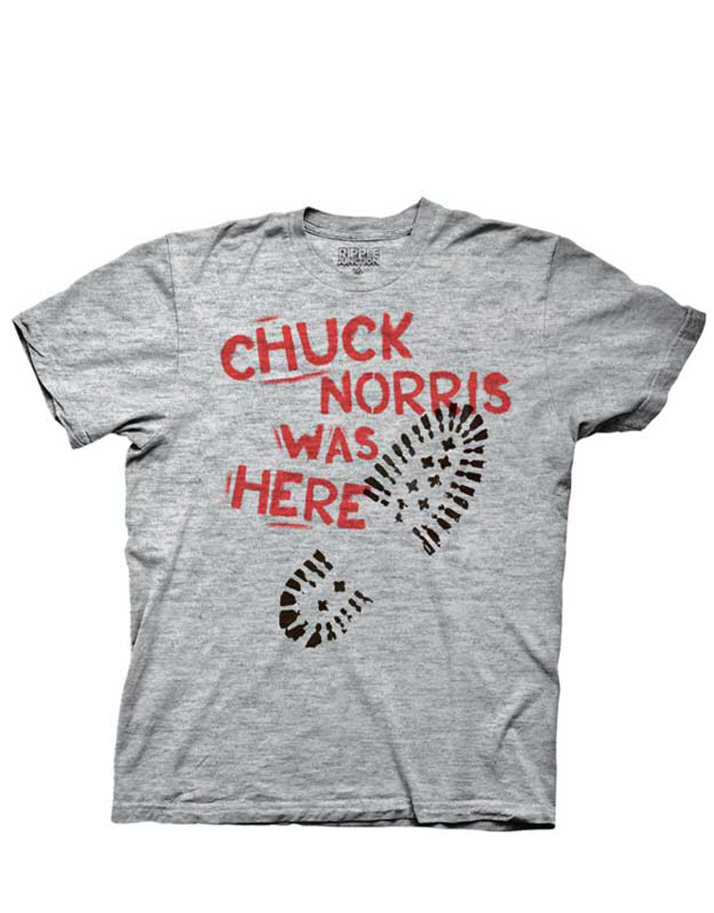 Chuck Norris "Norris was here" joke graphic on a heathered grey adult t-shirt.
