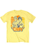 CHiPs classic graphic on a yellow adult t-shirt.