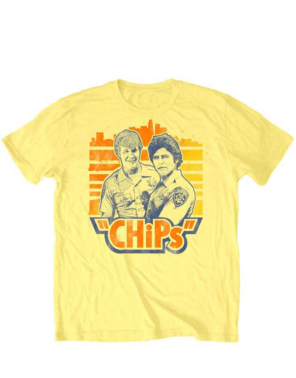 CHiPs classic graphic on a yellow adult t-shirt.