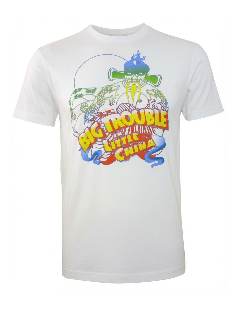 Big Trouble in Little China Jack Burton fu manchu graphic on a white adult t-shirt.