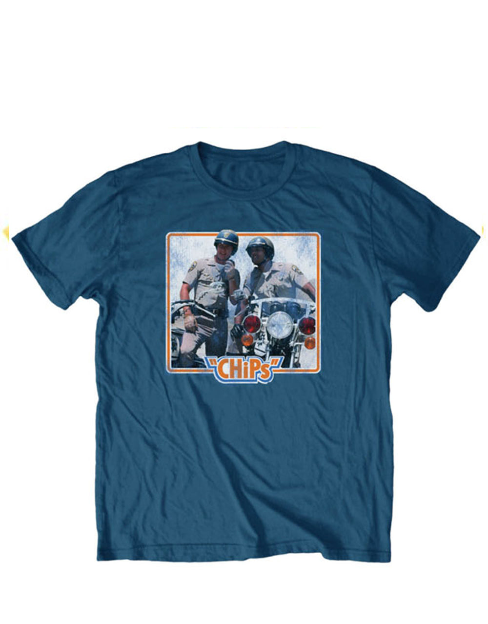 CHiPs Ponch and John graphic on a blue adult t-shirt.