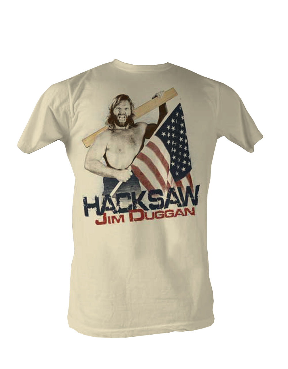 WWE Hacksaw Jim Duggan graphic on a french vanilla adult t-shirt.