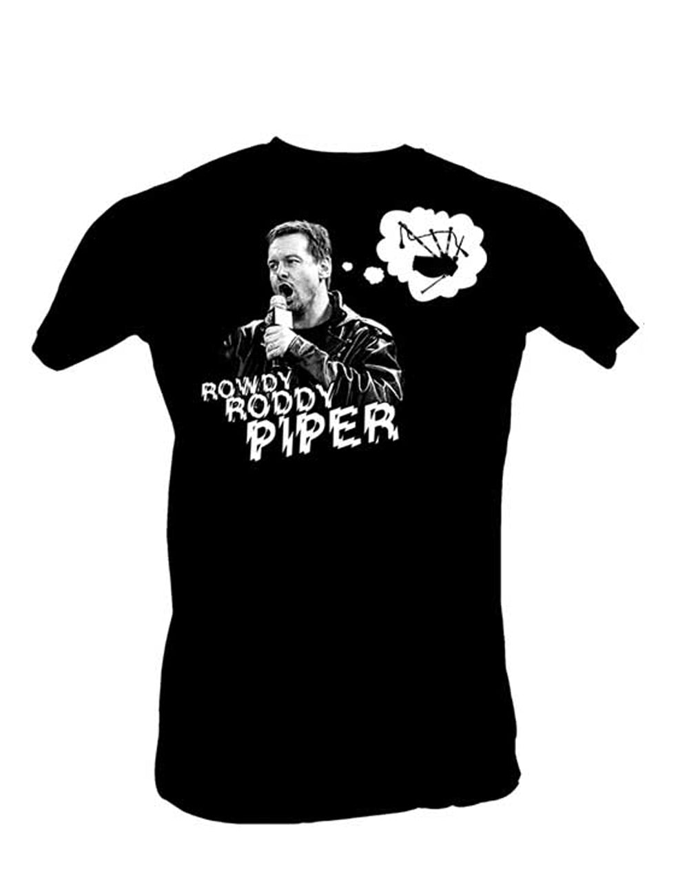 WWE Rowdy Roddy Piper bagpipes graphic on a black adult t-shirt.