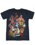 Street Fighter fight squad graphic on a navy blue adult t-shirt.