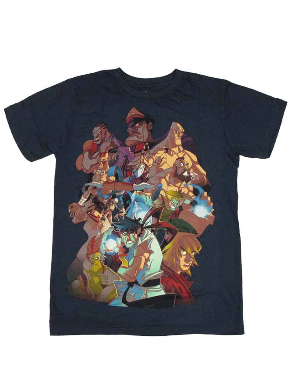 Street Fighter fight squad graphic on a navy blue adult t-shirt.