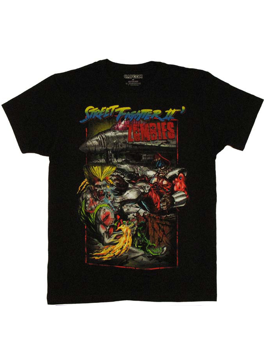 Street Fighter zombie fight graphic on a black adult t-shirt.