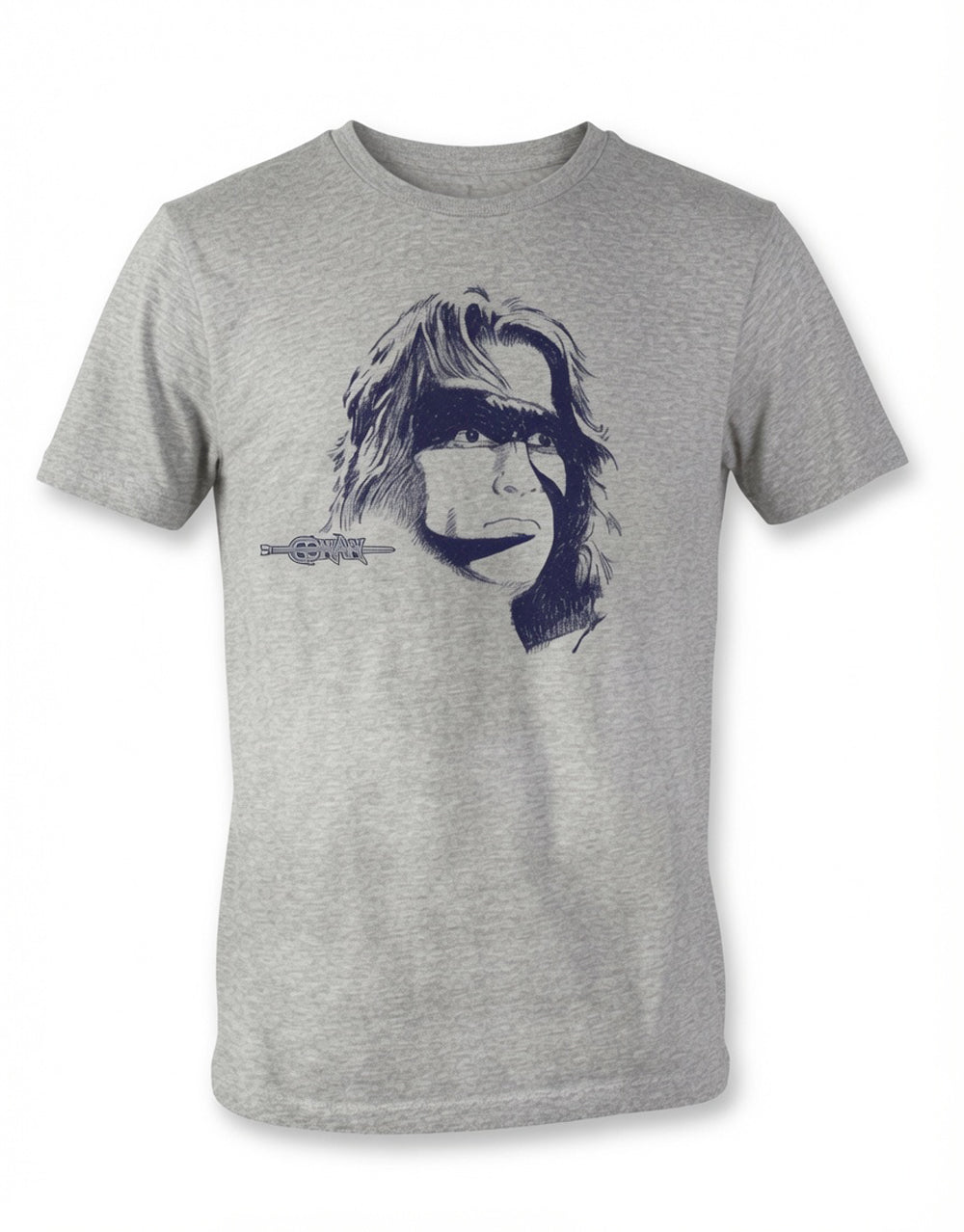 Conan the Barbarian sketch graphic on a heathered grey adult t-shirt.