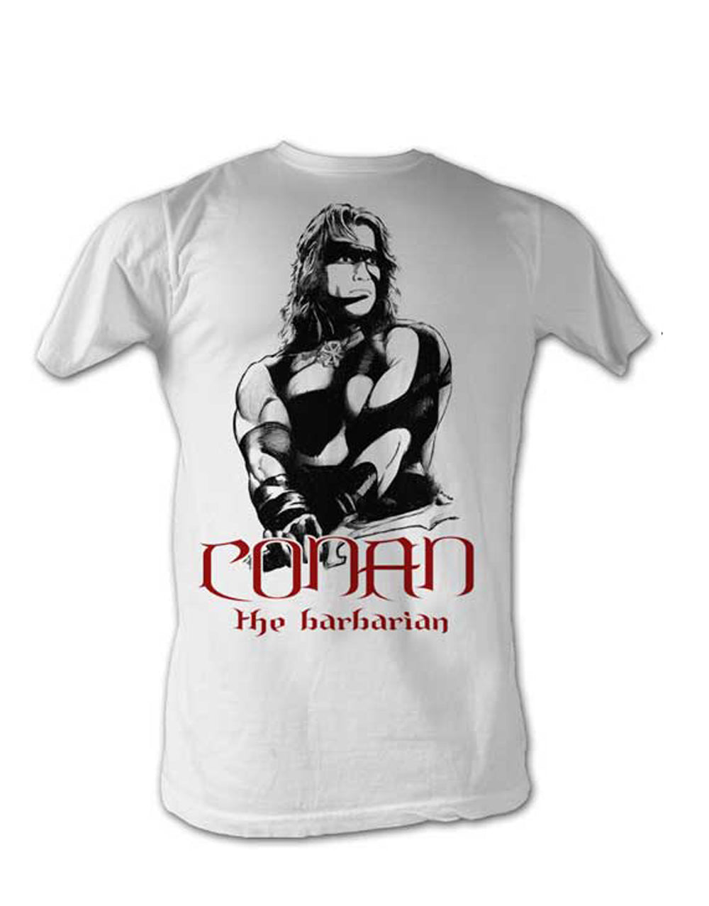 Conan the Barbarian graphic on a white adult t-shirt.