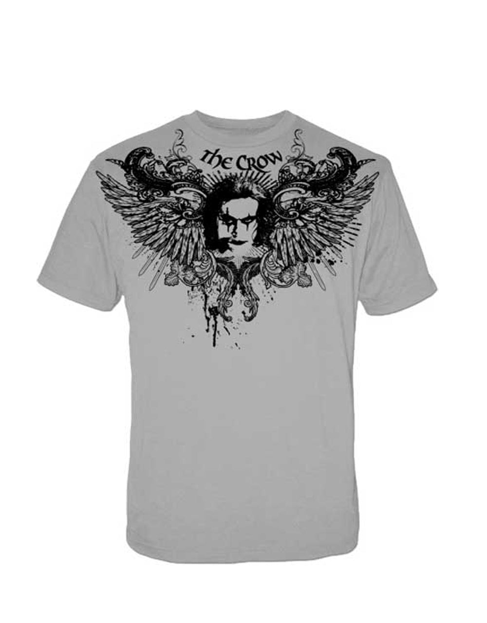 The Crow feathers graphic on a light grey adult t-shirt.