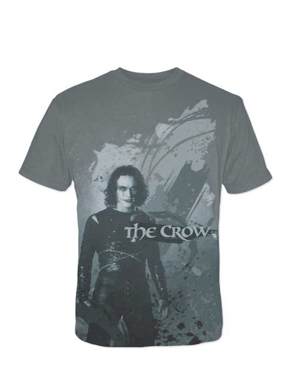 The Crow pose graphic on a grey adult t-shirt.