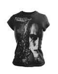 The Crow large face graphic on a black women's t-shirt.