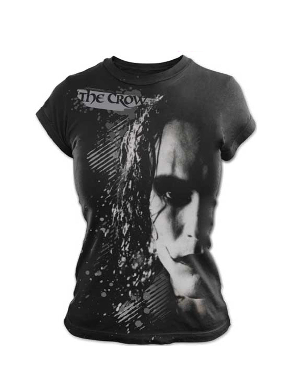 The Crow large face graphic on a black women's t-shirt.