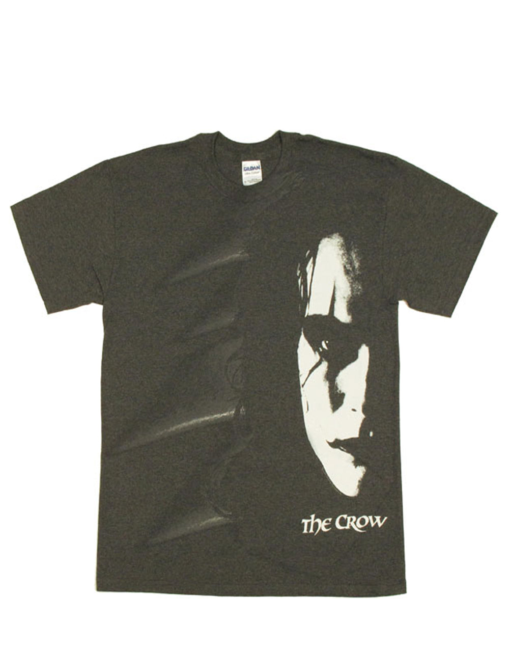 The Crow close up graphic on a charcoal grey adult t-shirt.